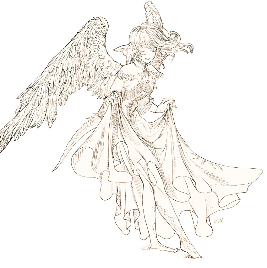 1girl au_ra barefoot closed_eyes dress feathered_wings final_fantasy final_fantasy_xiv fingernails highres kuroimori lineart lower_teeth medium_hair open_mouth signature simple_background smile solo tail teeth white_background wings