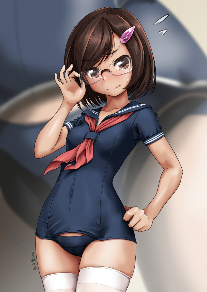 1girl adapted_uniform adjusting_eyewear artist_name bangs black_sailor_collar blurry blurry_background bob_cut breasts brown_eyes brown_hair cowboy_shot depth_of_field flying_sweatdrops furrowed_eyebrows glasses hair_ornament hairclip hand_on_hip hand_on_own_face highres looking_at_viewer midriff_peek neckerchief old_school_swimsuit one-piece_swimsuit original red_neckwear rimless_eyewear rohitsuka sailor_collar school_swimsuit school_swimsuit_flap school_uniform self-portrait serafuku short_hair signature skindentation small_breasts smile solo sweatdrop swept_bangs swimsuit thigh-highs white_legwear zoom_layer