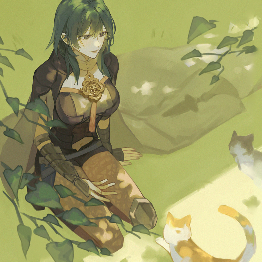 1girl black_shorts blue_eyes blue_hair byleth_(fire_emblem) byleth_eisner_(female) cat clothing_cutout fire_emblem fire_emblem:_three_houses highres leaf mynaree30 navel_cutout pantyhose rock short_shorts shorts sitting solo