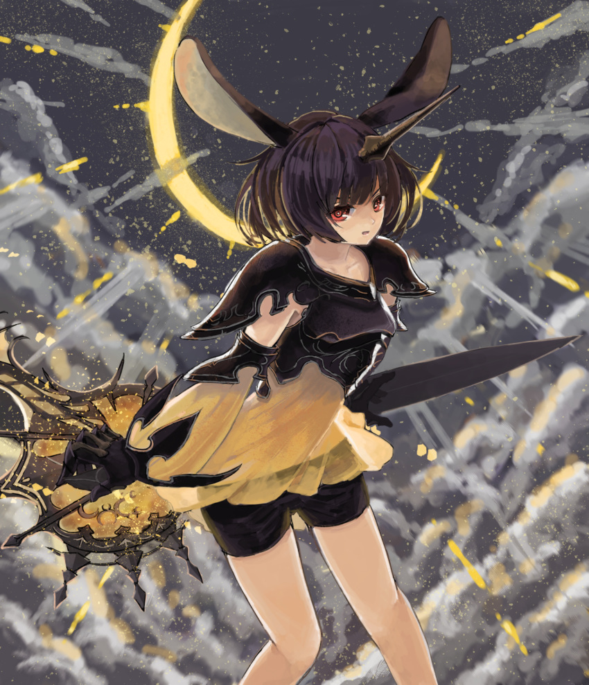 1girl animal_ears banana_mochi bangs black_hair black_shorts clouds commentary crescent detached_sleeves highres holding holding_weapon horns looking_at_viewer moon_al-mi'raj outdoors rabbit_ears red_eyes shadowverse shingeki_no_bahamut short_hair short_shorts shorts single_horn solo standing weapon