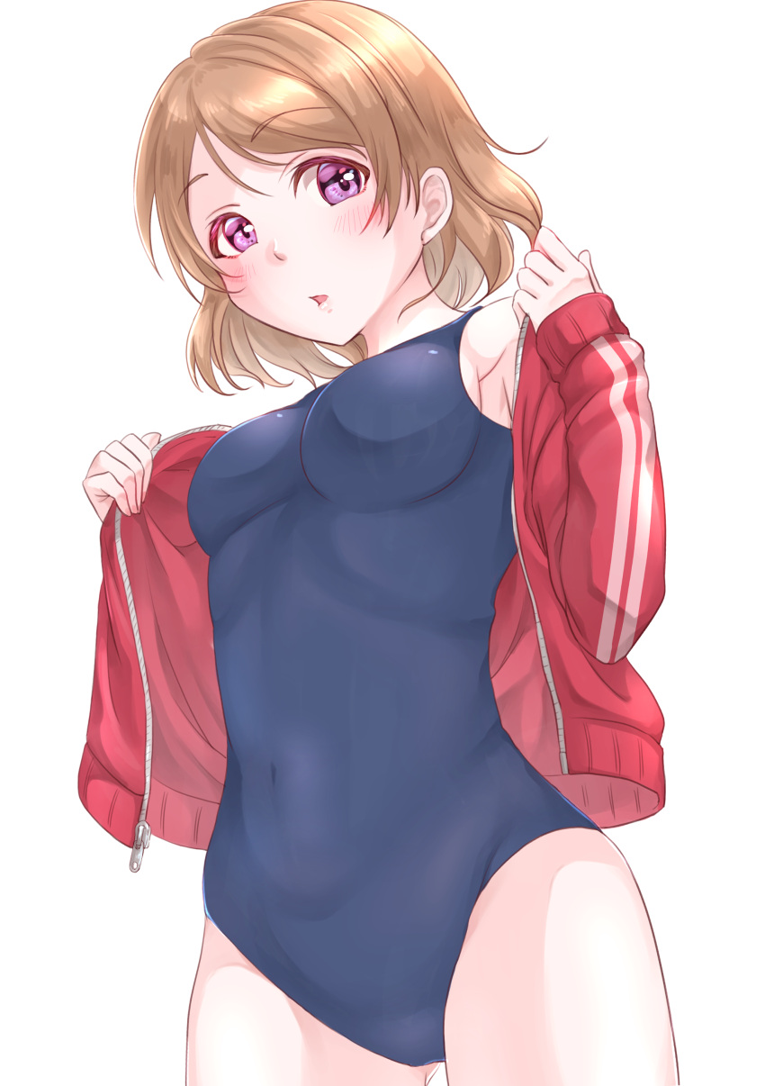 1girl absurdres bangs blue_swimsuit blush breasts brown_hair covered_navel cowboy_shot highres jacket kobayashi_nyoromichi koizumi_hanayo long_sleeves looking_at_viewer love_live! love_live!_school_idol_project medium_breasts open_clothes open_jacket open_mouth red_jacket school_swimsuit shiny shiny_hair short_hair sideboob simple_background solo standing swept_bangs swimsuit thigh_gap violet_eyes white_background