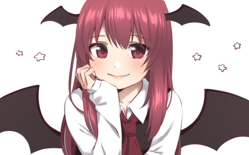 1girl bat_wings black_vest blush closed_mouth collarbone collared_shirt eyebrows_visible_through_hair hair_between_eyes hand_on_own_chin head_rest head_wings koakuma lips long_hair long_sleeves looking_at_viewer nanohanalyon red_eyes red_neckwear redhead shirt simple_background smile solo touhou upper_body vest white_background wings