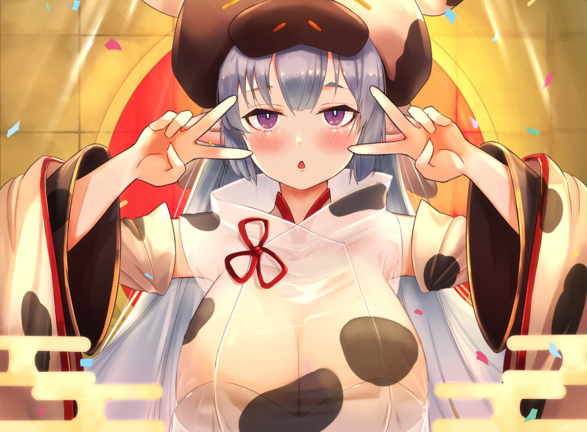 1girl animal_ears animal_print blue_hair breasts commentary_request cow_ears cow_hood cow_print detached_sleeves double_v draph granblue_fantasy hands_up large_breasts long_hair looking_at_viewer ramuda_(guilty931) shatola_(granblue_fantasy) solo upper_body v violet_eyes wide_sleeves