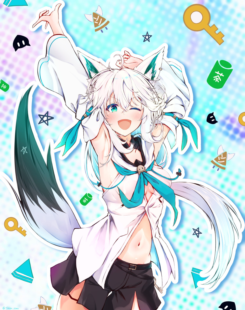 1girl absurdres ahoge animal_ears armpits arms_up bangs black_shorts blue_neckwear blush braid commentary_request detached_sleeves earrings eyebrows_visible_through_hair fox_ears fox_girl fox_tail green_eyes hair_between_eyes highres hololive hood hoodie jewelry joker_oowo long_hair looking_at_viewer midriff navel neckerchief one_eye_closed open_mouth oruyanke_(shirakami_fubuki) pentagram shirakami_fubuki shorts sidelocks single_braid solo tail virtual_youtuber white_hair white_hoodie white_sleeves