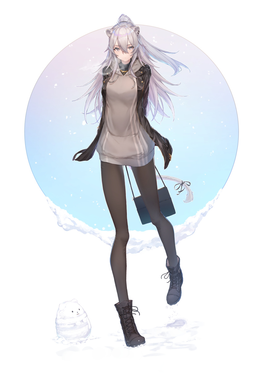 1girl absurdres animal_ears bag bangs black_legwear blush boots breath circle daifuku_(yukihana_lamy) eyebrows eyebrows_visible_through_hair eyelashes grey_eyes grey_shirt highres holofive hololive hood hoodie jacket leather leather_jacket lion_ears lion_girl long_hair looking_at_viewer pantyhose ponytail shirt shishiro_botan silver_hair snow solo tihoro1609 virtual_youtuber white_background