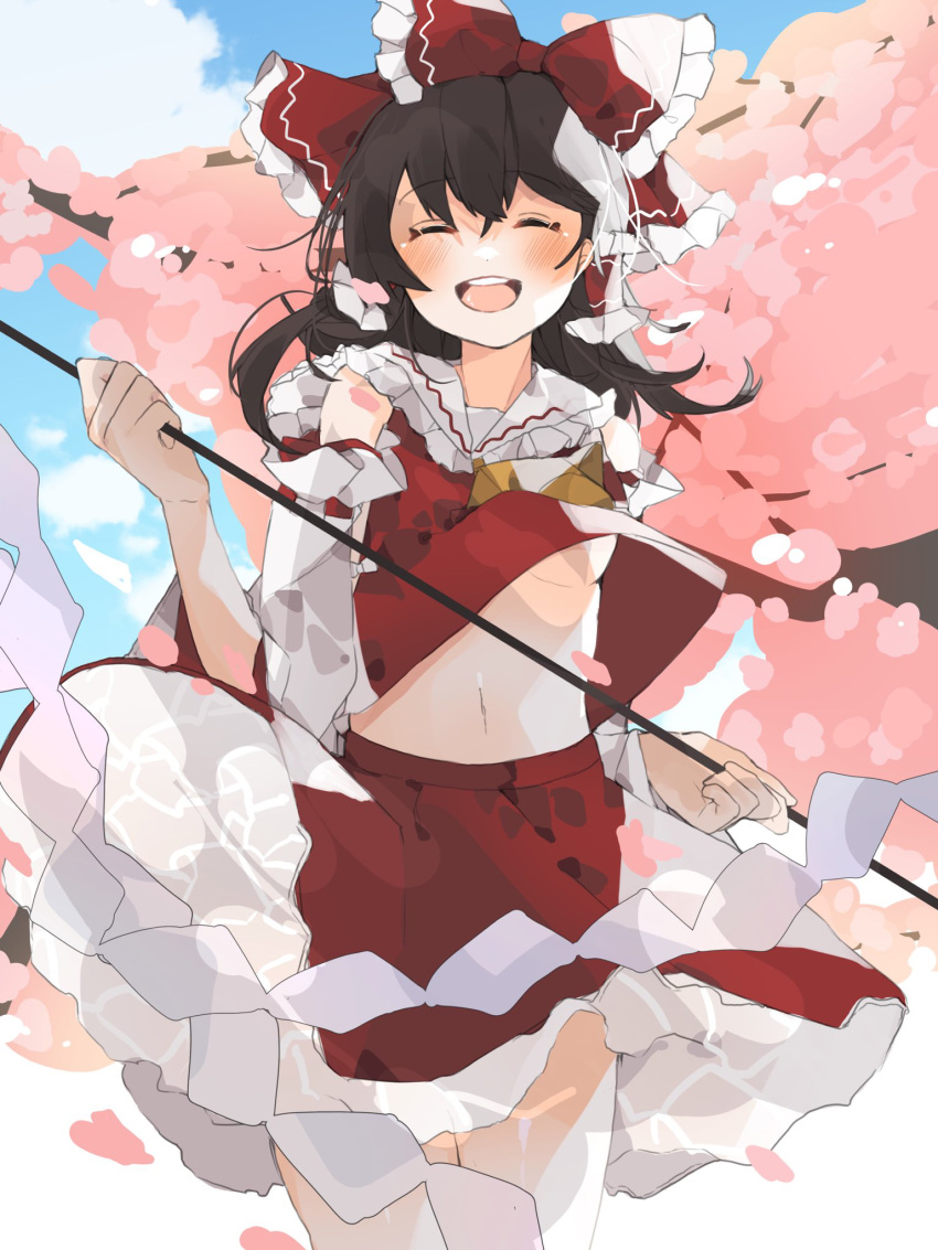 1girl ascot blush bow breasts brown_hair cherry_blossoms closed_eyes clouds cowboy_shot day detached_sleeves eyebrows_visible_through_hair facing_viewer gohei gominami hair_between_eyes hair_bow hair_tubes hakurei_reimu happy highres holding holding_stick long_hair navel open_mouth red_bow red_skirt red_vest skirt skirt_set sky small_breasts smile solo standing stick touhou under_boob upper_teeth vest wide_sleeves wind wind_lift yellow_neckwear