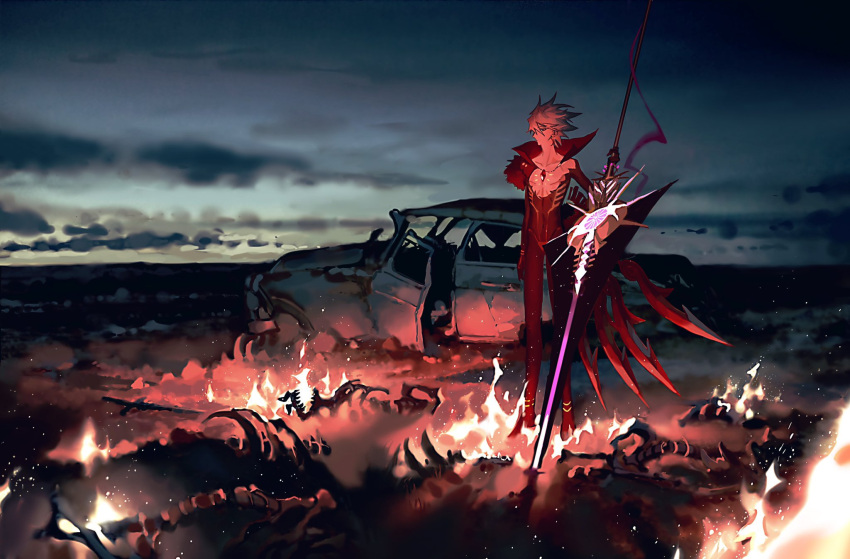1boy bare_pecs blue_eyes burning car clouds cloudy_sky covered_navel fate/grand_order fate_(series) fire gem grey_sky ground_vehicle highres holding holding_sword holding_weapon huge_weapon karna_(fate) male_focus mchi motor_vehicle outdoors planted planted_sword planted_weapon sky solo standing sword weapon white_hair