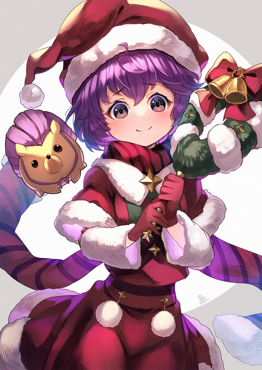 1girl animal bernadetta_von_varley blush closed_mouth commentary_request cute eyebrows_visible_through_hair fire_emblem fire_emblem:_three_houses fire_emblem:_three_houses fire_emblem_16 fire_emblem_heroes gloves hat hedgehog highres human intelligent_systems loli nakabayashi_zun nintendo pom_pom_(clothes) purple_hair red_gloves santa_costume santa_hat scarf short_hair simple_background smile solo super_smash_bros. violet_eyes white_background wreath