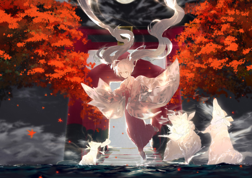1girl afloat animal autumn_leaves closed_mouth eyebrows_visible_through_hair falling_leaves floating fog fox hair_between_eyes hatsune_miku hinata_(hinata-ur) japanese_clothes kimono leaf long_hair long_sleeves looking_at_animal maple_leaf moon night night_sky outdoors sky sleeves_past_wrists smile spirit stairs torii twintails very_long_hair vocaloid water wide_sleeves