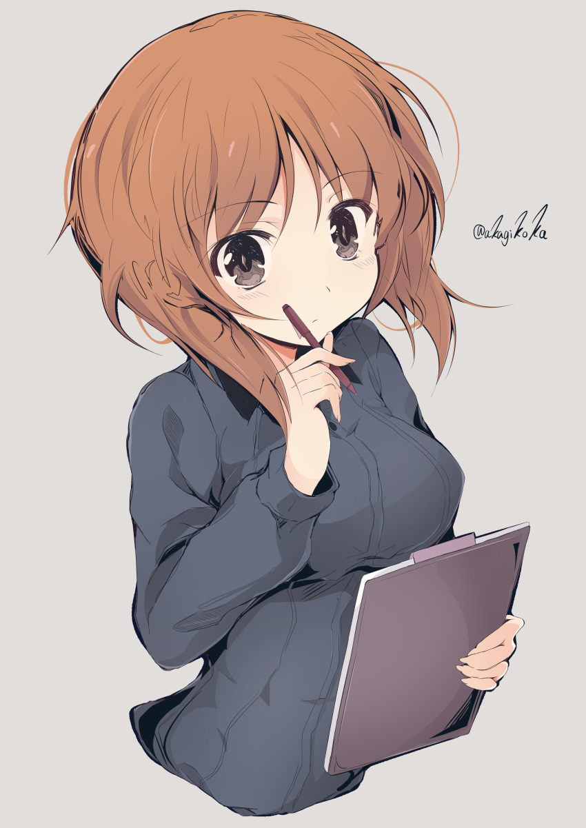 1girl absurdres bad_id bad_twitter_id bangs brown_eyes brown_hair clipboard closed_mouth commentary_request cropped_torso dress_shirt eyebrows_visible_through_hair girls_und_panzer grey_shirt highres holding holding_clipboard holding_pen kuromorimine_school_uniform long_sleeves looking_at_viewer nishizumi_miho pen school_uniform shirt short_hair simple_background solo twitter_username upper_body wing_collar
