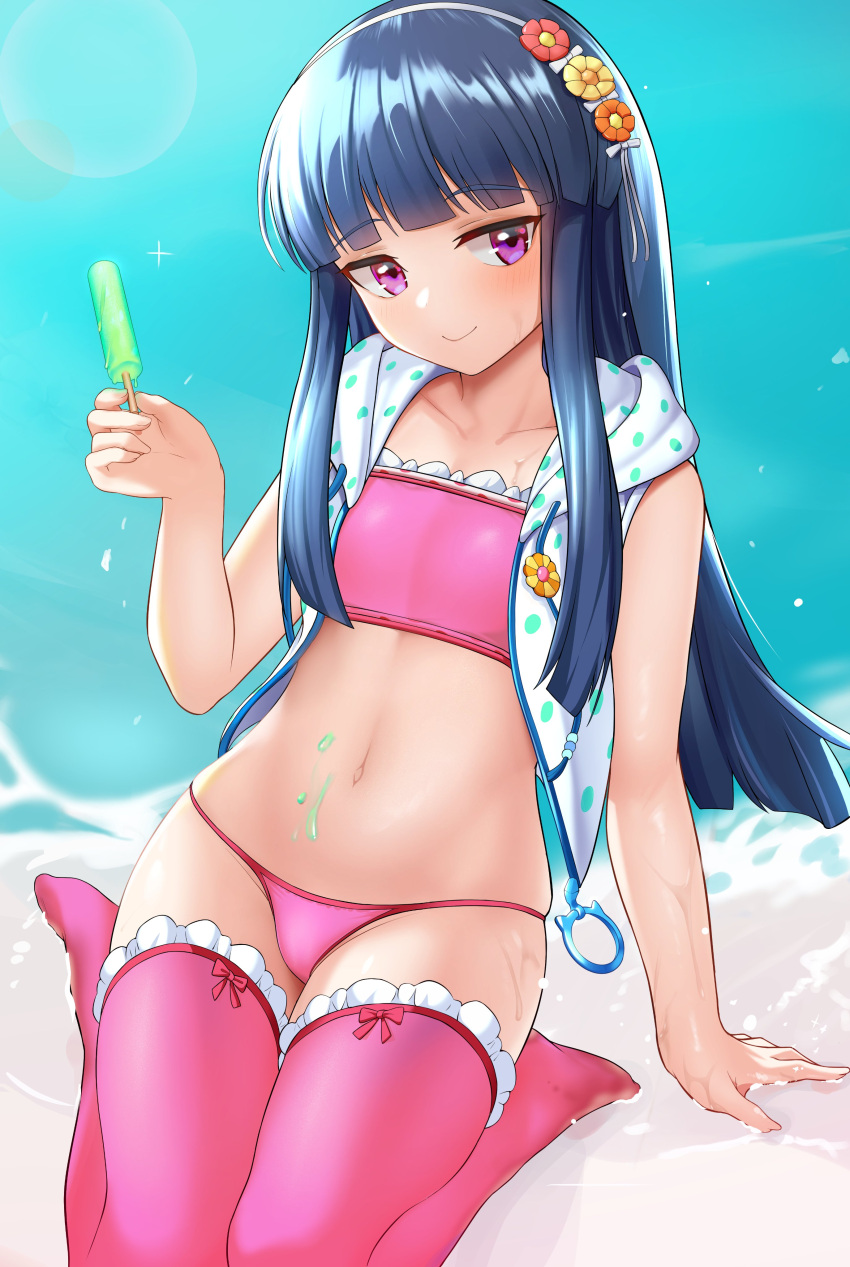 1girl absurdres arm_up bikini blue_hair food hairband highres idolmaster idolmaster_cinderella_girls jacket long_hair navel panamuru pink_bikini pink_eyes pink_legwear popsicle sajou_yukimi sitting smile solo swimsuit thigh-highs thighs white_jacket