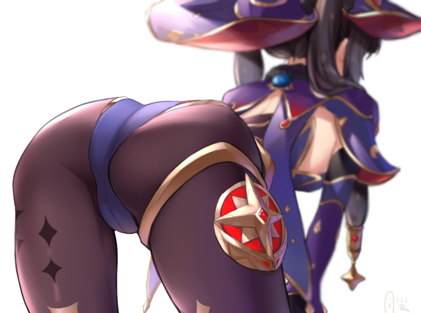 1girl ass bent_over black_hair black_legwear capelet commentary_request from_behind genshin_impact hat highres kijibato_123-gou long_hair mona_(genshin_impact) pantyhose purple_headwear simple_background solo twintails white_background witch_hat