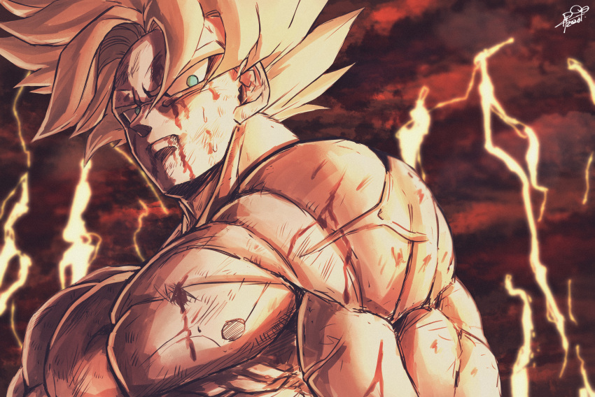 1boy absurdres blonde_hair blood blood_from_mouth blood_on_face blue_eyes dragon_ball dragon_ball_z expressionless highres injury looking_at_viewer male_focus muscle nipples nude pectorals serious solo son_goku spiky_hair sumutemu super_saiyan upper_body veins