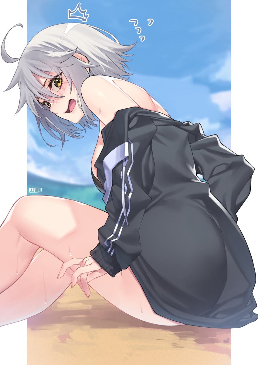 1girl ^^^ ahoge artist_name bangs bare_shoulders beach bikini bikini_top black_bikini black_jacket blurry blurry_background blush breasts day eyebrows_visible_through_hair fate/grand_order fate_(series) feet_out_of_frame fingernails flying_sweatdrops from_side hair_between_eyes highres jacket jeanne_d'arc_(alter)_(fate) jeanne_d'arc_(fate)_(all) jjune knees_up large_breasts long_sleeves looking_at_viewer looking_to_the_side no_pants nose_blush ocean off_shoulder open_mouth outdoors pillarboxed shiny shiny_hair short_hair sidelocks silver_hair sitting sleeves_past_wrists solo striped_jacket sweat swimsuit yellow_eyes