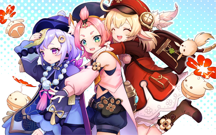 3girls ahoge animal_ear_fluff animal_ears backpack bag bangs bead_necklace beads blush boots braid closed_eyes coin coin_hair_ornament diona_(genshin_impact) dress full_body genshin_impact green_eyes hair_between_eyes hat hat_feather highres jewelry kfr2_2 klee_(genshin_impact) knee_boots long_hair long_sleeves low_twintails multiple_girls necklace open_mouth pink_hair pointy_ears purple_hair purple_headwear qing_guanmao qiqi red_dress red_eyes red_headwear smile talisman thigh-highs twintails violet_eyes white_feathers white_legwear wide_sleeves