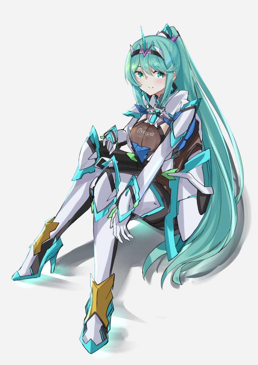 1girl bangs blush breasts chest_jewel earrings full_body gloves green_eyes green_hair grey_background high_heels highres jewelry large_breasts long_hair long_ponytail pneuma_(xenoblade) ponytail sarasadou_dan simple_background sitting smile solo swept_bangs tiara very_long_hair xenoblade_chronicles_(series) xenoblade_chronicles_2