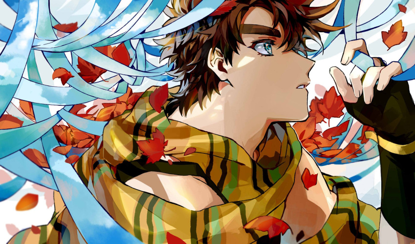 1boy aqua_eyes battle_tendency black_gloves brown_hair commentary_request fingerless_gloves gloves highres jojo_no_kimyou_na_bouken joseph_joestar_(young) korean_commentary leaf looking_afar male_focus maple_leaf multicolored multicolored_clothes multicolored_scarf nigelungdayo parted_lips scarf short_hair solo striped striped_scarf