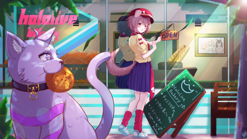 1girl animal_ears animalization apron bakery blue_skirt blush dog_ears dog_girl dog_tail from_side highres hololive inugami_korone looking_at_another looking_to_the_side loose_socks miniskirt nekomata_okayu ookami_mio open_mouth red_apron red_headwear red_legwear reflection shirakami_fubuki shoes shop short_sleeves skirt sneakers solo_focus surprised tail tyasuzu virtual_youtuber
