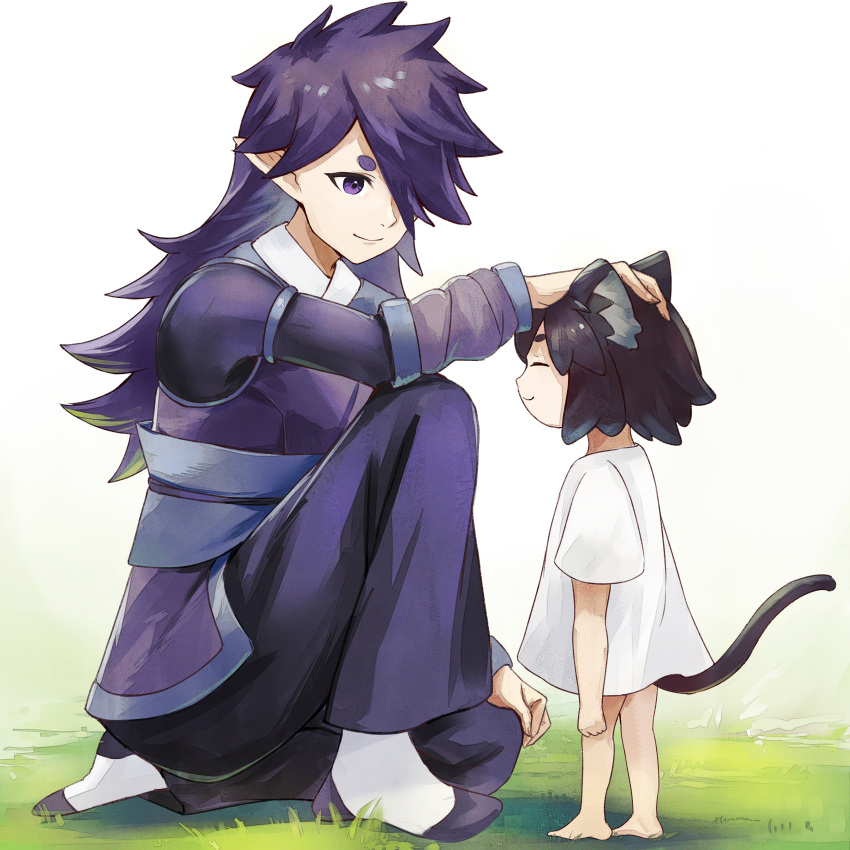 1boy 1girl absurdres animal_ear_fluff animal_ears barefoot black_hair cat_ears cat_tail closed_eyes closed_mouth copyright_request dejio fingernails grass hair_over_one_eye highres huge_filesize long_hair looking_at_another no_pants one_knee petting pointy_ears purple_hair shirt short_hair smile standing t-shirt tail violet_eyes