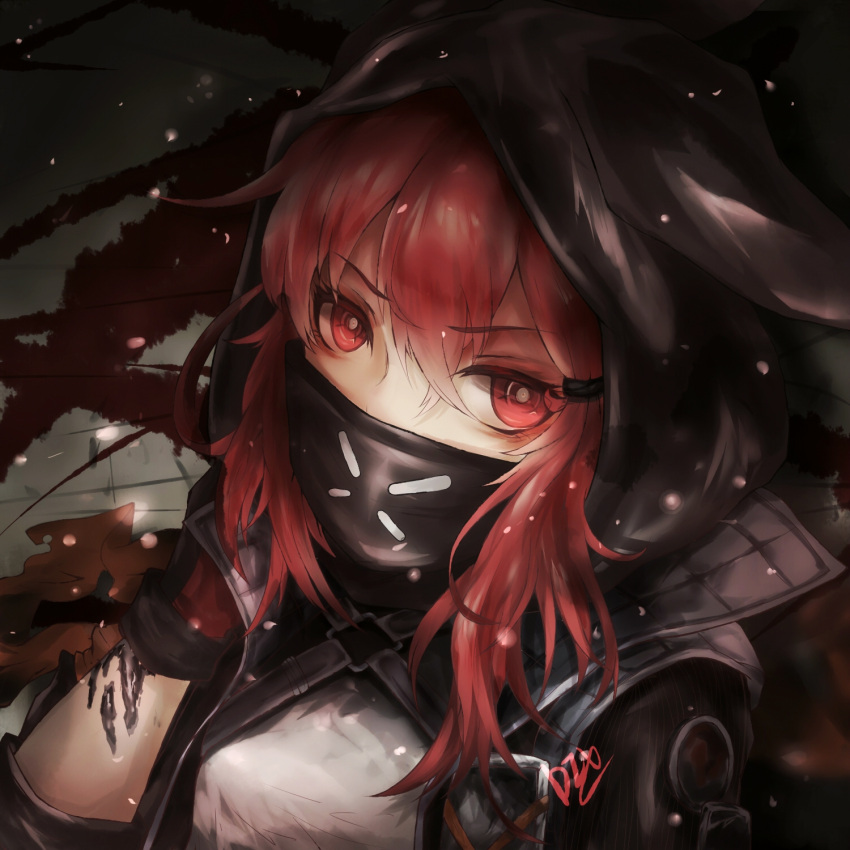 1girl animal_ears arknights black_hoodie black_jacket black_mask covered_mouth crownslayer_(arknights) crystal dixie.dix gloves hair_between_eyes highres hood hoodie jacket light_particles mask originium_(arknights) red_eyes redhead shirt solo white_shirt wolf_ears