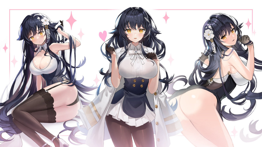 3girls azuma_(azur_lane) azuma_(soft_voice_of_spring)_(azur_lane) azur_lane black_gloves black_legwear blouse bra bra_through_clothes breasts corset flower gloves hair_between_eyes hair_flower hair_ornament hairclip half_gloves hand_on_own_chest highres hyoin jacket jacket_on_shoulders lace-trimmed_bra lace_trim large_breasts multiple_girls multiple_persona open_mouth pantyhose shirt skirt sleeveless sleeveless_shirt thigh-highs thighband_pantyhose underwear white_blouse white_flower white_jacket white_skirt yellow_eyes