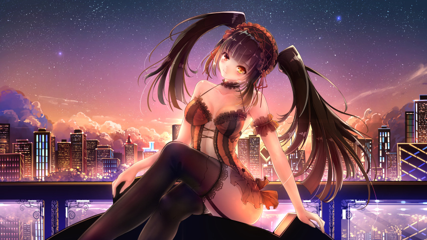 1girl 278004410 absurdres black_hair black_legwear breasts building city city_lights cityscape clock_eyes closed_mouth clouds cloudy_sky commentary_request crossed_legs date_a_live garter_straps hairband head_tilt heterochromia highres huge_filesize lolita_hairband long_hair looking_at_viewer medium_breasts red_eyes sky skyscraper smile solo star_(sky) starry_sky symbol-shaped_pupils thigh-highs tokisaki_kurumi twintails uneven_twintails yellow_eyes
