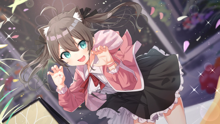 1girl :d animal_ear_fluff animal_ears bangs black_hair black_ribbon black_skirt blurry blurry_background blush cat_ears claw_pose commentary_request depth_of_field eyebrows_visible_through_hair fang frilled_skirt frills green_eyes hair_between_eyes hair_ribbon hands_up hololive hood hood_down hooded_jacket jacket long_hair long_sleeves looking_at_viewer nail_polish natsuiro_matsuri open_clothes open_jacket open_mouth petals pink_jacket pink_nails pleated_skirt ribbon shirt skirt smile solo sparkle suspender_skirt suspenders tsukiman twintails virtual_youtuber white_shirt