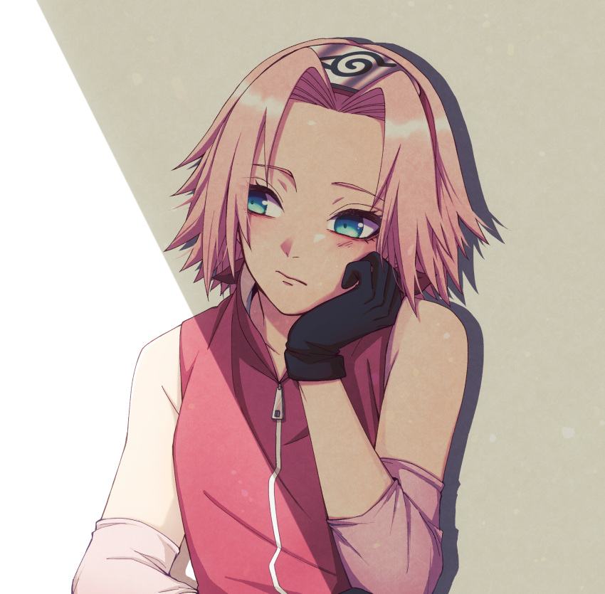 1girl black_gloves blue_eyes closed_mouth gloves grey_background hair_intakes haruno_sakura highres jacket looking_to_the_side mochiii-s naruto_(series) naruto_shippuuden pink_hair red_jacket shiny shiny_hair short_hair sleeveless sleeveless_jacket solo two-tone_background upper_body white_background