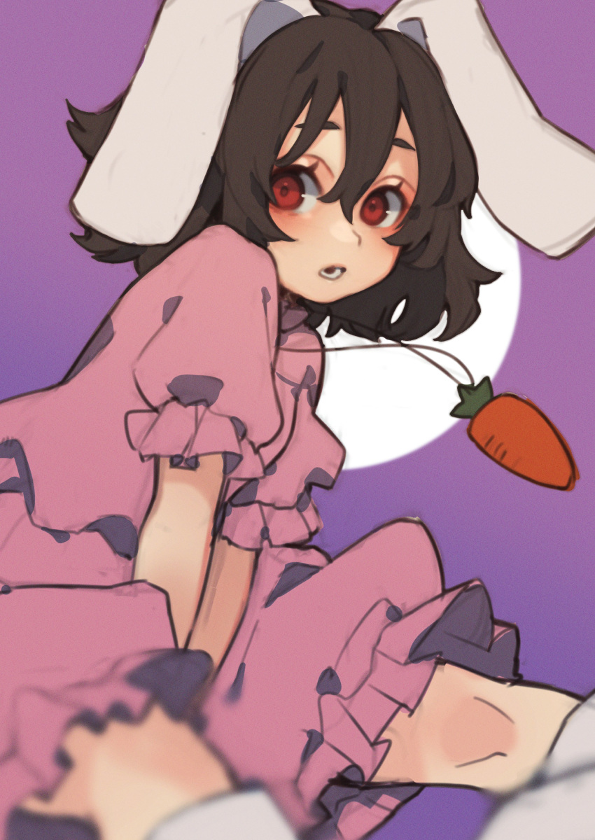 1girl :o absurdres animal_ears arms_between_legs blurry brown_hair carrot_necklace commentary_request depth_of_field dress eyebrows_behind_hair feet_out_of_frame flat_chest floppy_ears gradient gradient_background hair_between_eyes highres inaba_tewi leaning_forward moon open_mouth perspective pink_dress prat_rat puffy_short_sleeves puffy_sleeves rabbit_ears red_eyes short_hair short_sleeves simple_background sitting socks solo touhou white_legwear