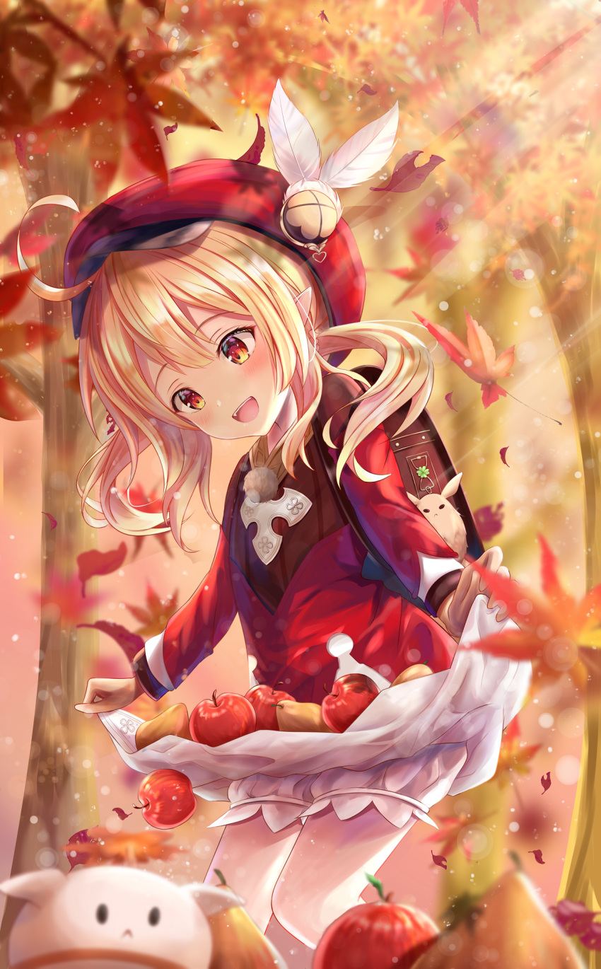 1girl :d ahoge apple autumn_leaves backpack bag bangs bloomers boots dress falling_leaves food fruit full_body genshin_impact hair_between_eyes hat hat_feather highres klee_(genshin_impact) knee_boots leaf long_hair long_sleeves low_twintails maple_leaf open_mouth pear red_dress red_eyes red_headwear regi_(r_regi) smile solo sunlight tree twintails underwear white_feathers white_legwear