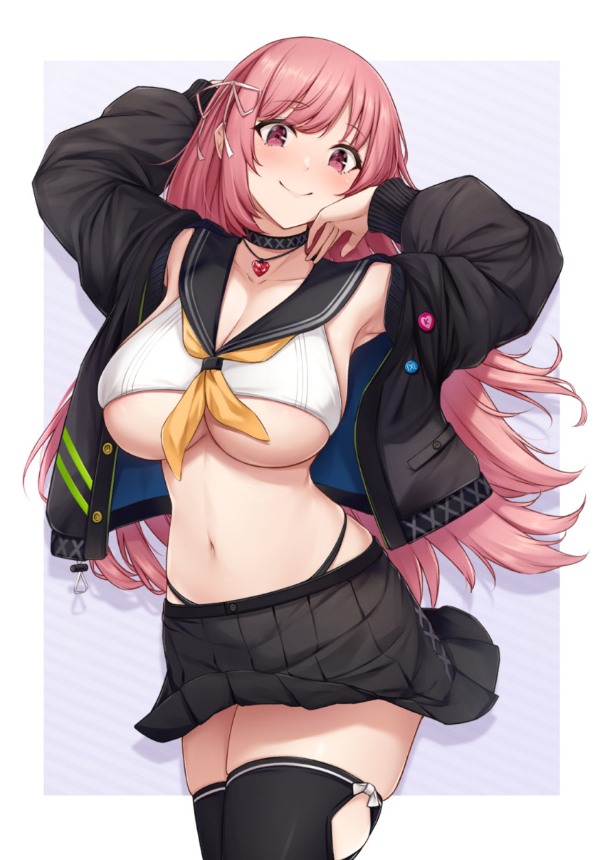 1girl arms_up bangs black_legwear black_skirt blush breasts choker crop_top fou_zi hair_ribbon heart heart_necklace highleg highres jacket large_breasts long_hair looking_at_viewer midriff navel open_clothes open_jacket original pink_eyes pink_hair pleated_skirt ribbon sailor_collar skirt smile solo thigh-highs under_boob yellow_neckwear