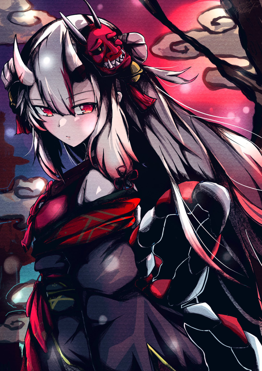 1girl aoi_rt0 bangs bell commentary_request double_bun eyebrows_visible_through_hair hair_bell hair_between_eyes hair_ornament highres hololive horns long_hair looking_at_viewer looking_to_the_side mask mask_on_head nakiri_ayame oni_horns oni_mask red_eyes sidelocks silver_hair solo virtual_youtuber