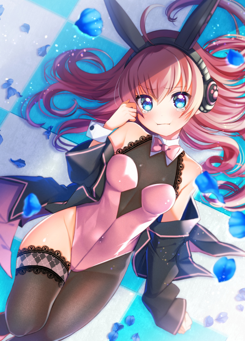 1girl animal_ears asymmetrical_legwear bang_dream! bare_shoulders blue_eyes blush bow bowtie breasts breasts_apart covered_navel detached_collar eyebrows_visible_through_hair fake_animal_ears feet_out_of_frame head_tilt headphones highleg highleg_leotard highres jacket jacket_removed knee_up lace-trimmed_legwear lace_trim leotard long_hair looking_at_viewer lying on_back petals pink_hair pink_leotard pink_neckwear playboy_bunny pout pouty_lips rabbit_ears single_leg_pantyhose small_breasts tamade_chiyu tears thigh-highs tsurugi_hikaru