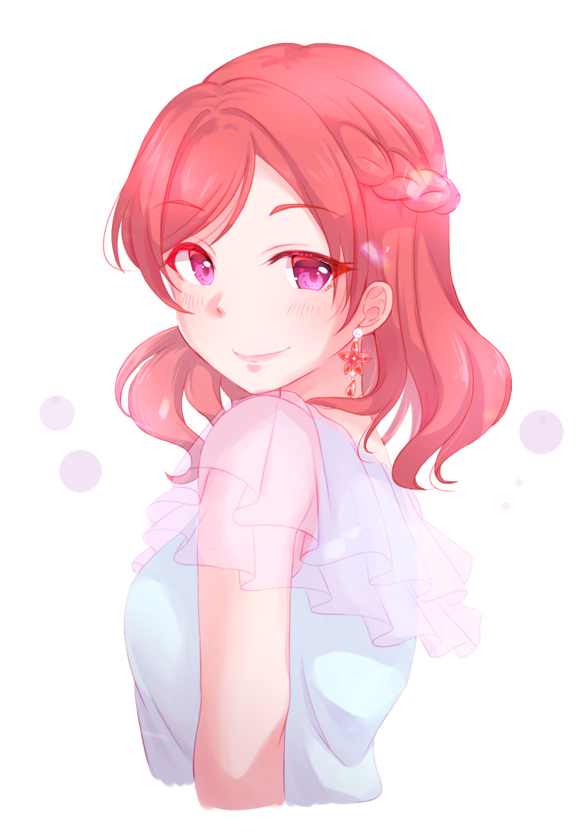 1girl absurdres bangs blush closed_mouth cropped_arms cropped_torso earrings eyebrows_visible_through_hair from_side highres jewelry kobayashi_nyoromichi long_hair looking_at_viewer love_live! love_live!_school_idol_project nishikino_maki redhead shiny shiny_hair shirt simple_background smile solo swept_bangs upper_body violet_eyes white_background white_shirt