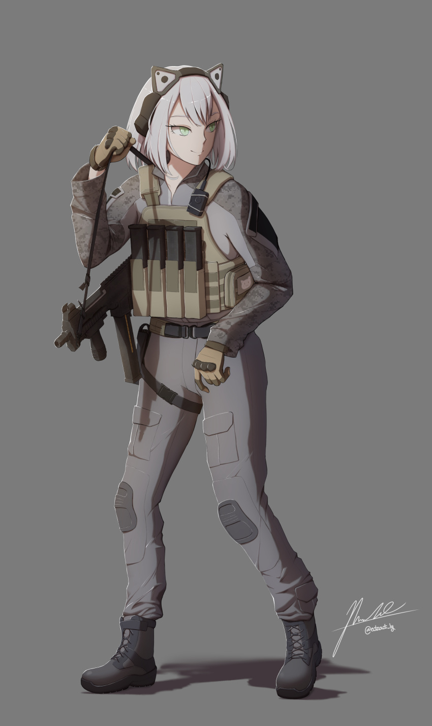 1girl absurdres cat_ear_headphones cat_girl edzactly green_eyes gun h&amp;k_ump headphones highres holding holding_weapon military_operator original short_hair smile submachine_gun weapon white_hair