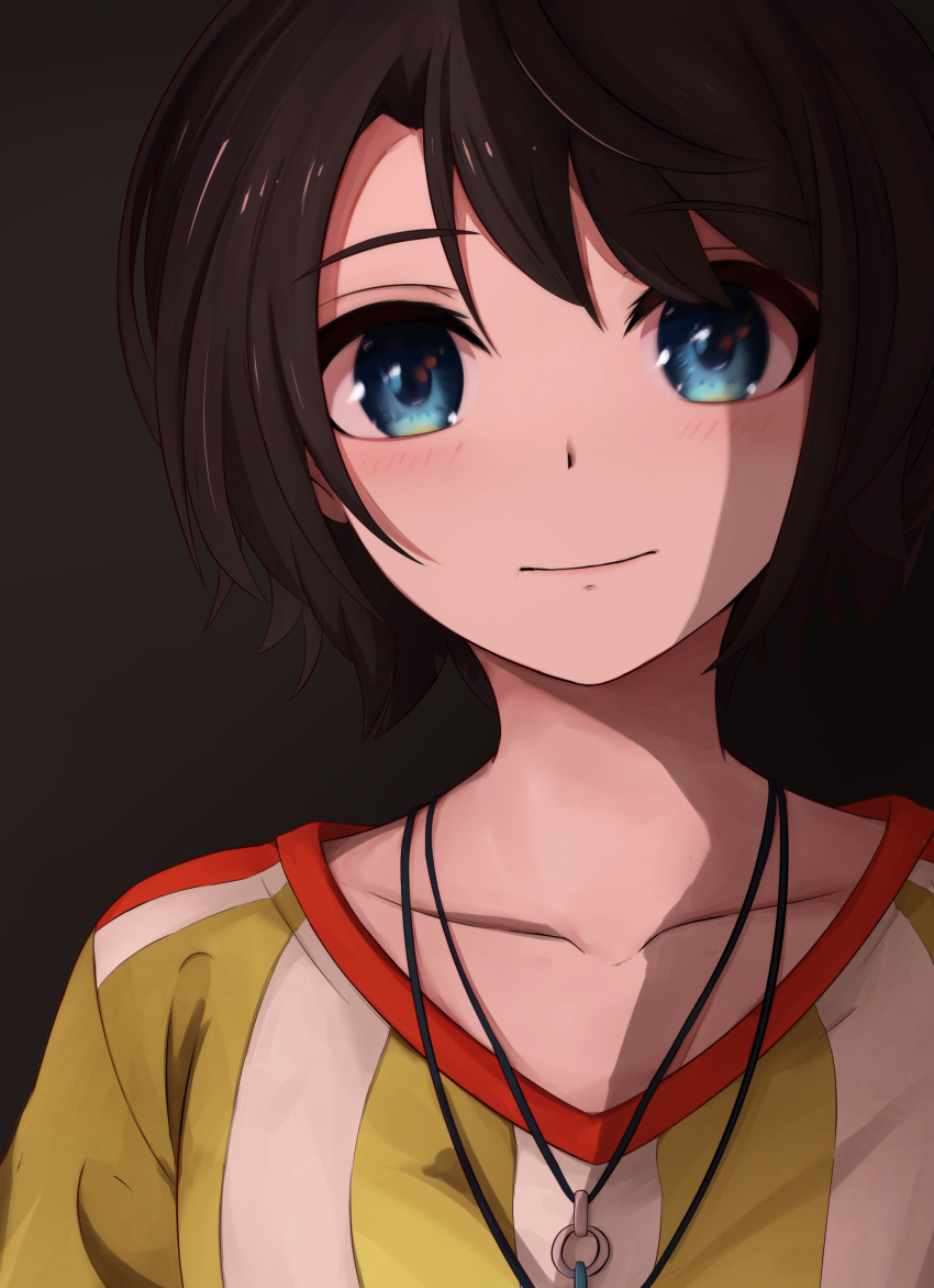1girl absurdres black_background black_hair blue_eyes bob_cut closed_mouth collarbone commentary highres hololive jersey jewelry light_blush light_smile looking_at_viewer necklace oozora_subaru pendant pugpuggy shirt short_hair smile solo striped striped_shirt upper_body virtual_youtuber white_shirt yellow_shirt