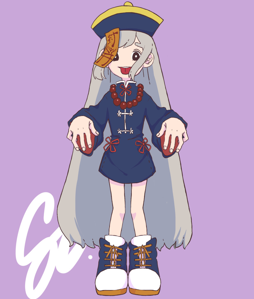 1girl 37_pe black_eyes blue_dress dress grey_hair hat highres jiangshi_costume long_hair long_sleeves looking_at_viewer no_nose ofuda original outstretched_arms purple_background qing_guanmao shoes smile solo talisman tongue tongue_out very_long_hair zombie_pose
