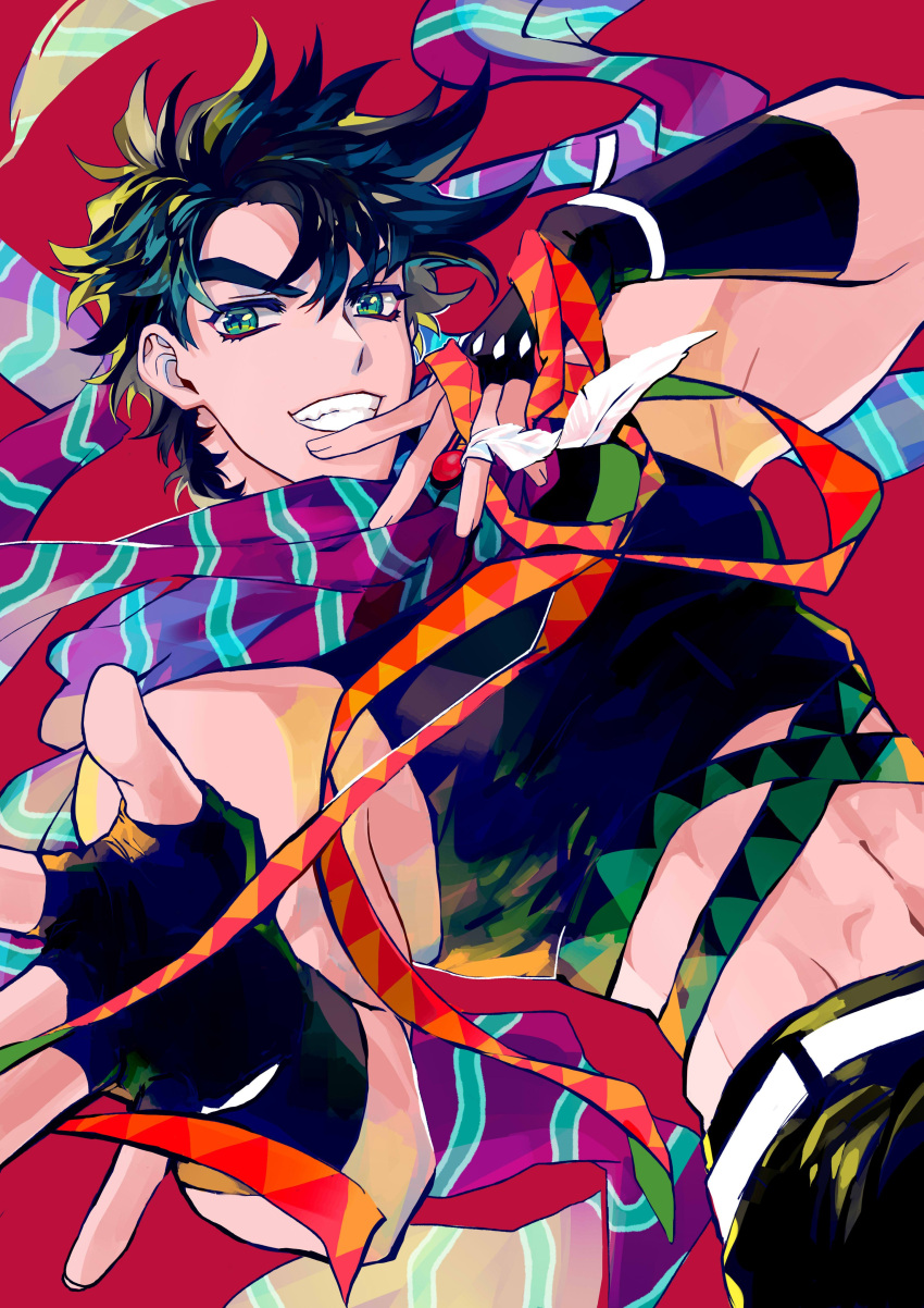 1boy abs absurdres bare_shoulders battle_tendency belt black_gloves black_hair black_pants commentary_request crop_top eyebrows_behind_hair feathers fingerless_gloves gloves green_eyes grin highres jojo_no_kimyou_na_bouken joseph_joestar_(young) korean_commentary looking_at_viewer male_focus midriff multicolored multicolored_clothes multicolored_scarf navel nigelungdayo pants red_background scarf short_hair smile solo striped striped_scarf teeth triangle_print white_belt