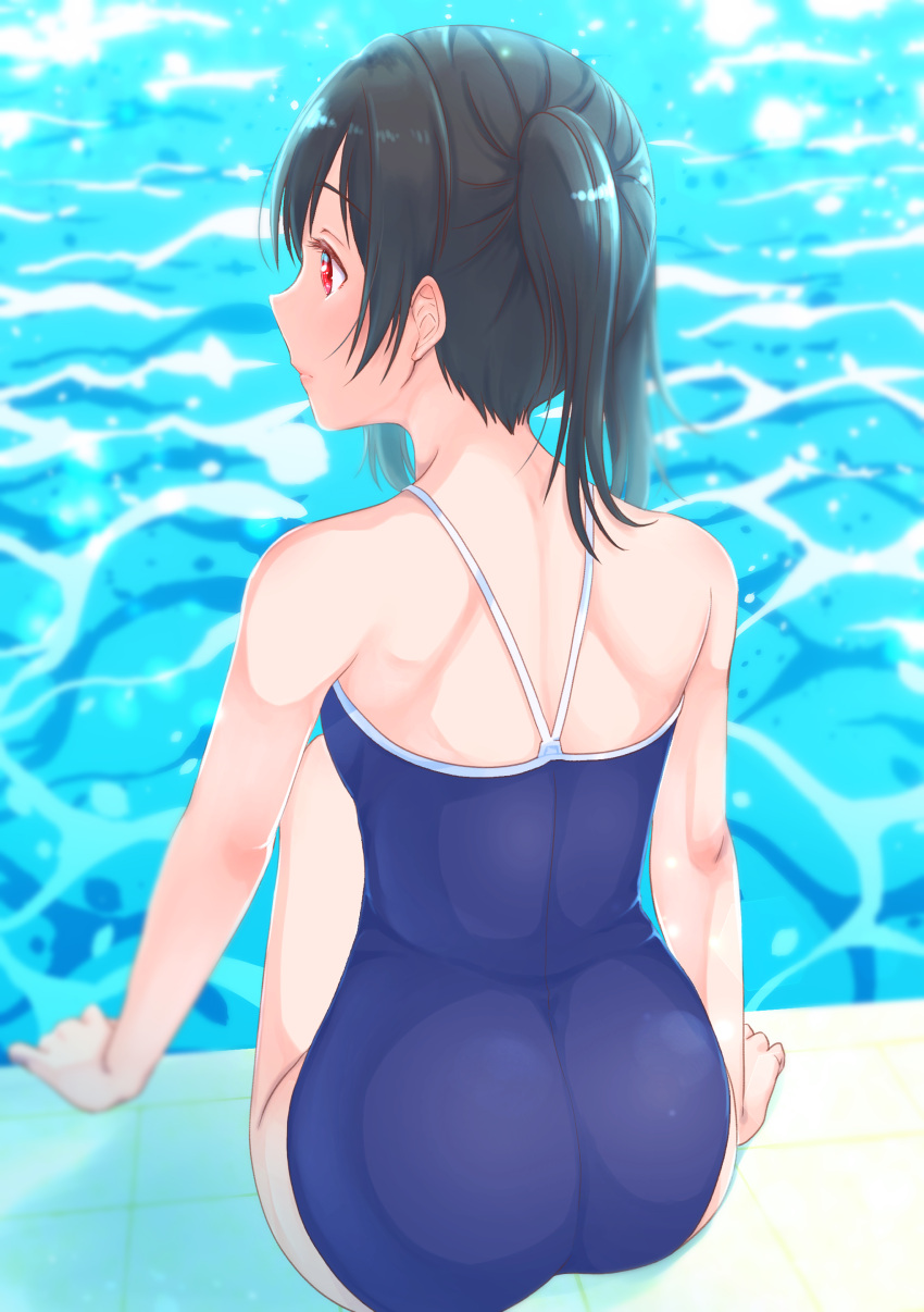 1girl absurdres ass black_hair blue_swimsuit blurry blurry_background closed_mouth day highres kobayashi_nyoromichi long_hair love_live! love_live!_school_idol_project outdoors poolside profile red_eyes school_swimsuit shiny shiny_hair shoulder_blades sitting soaking_feet solo swimsuit twintails yazawa_nico