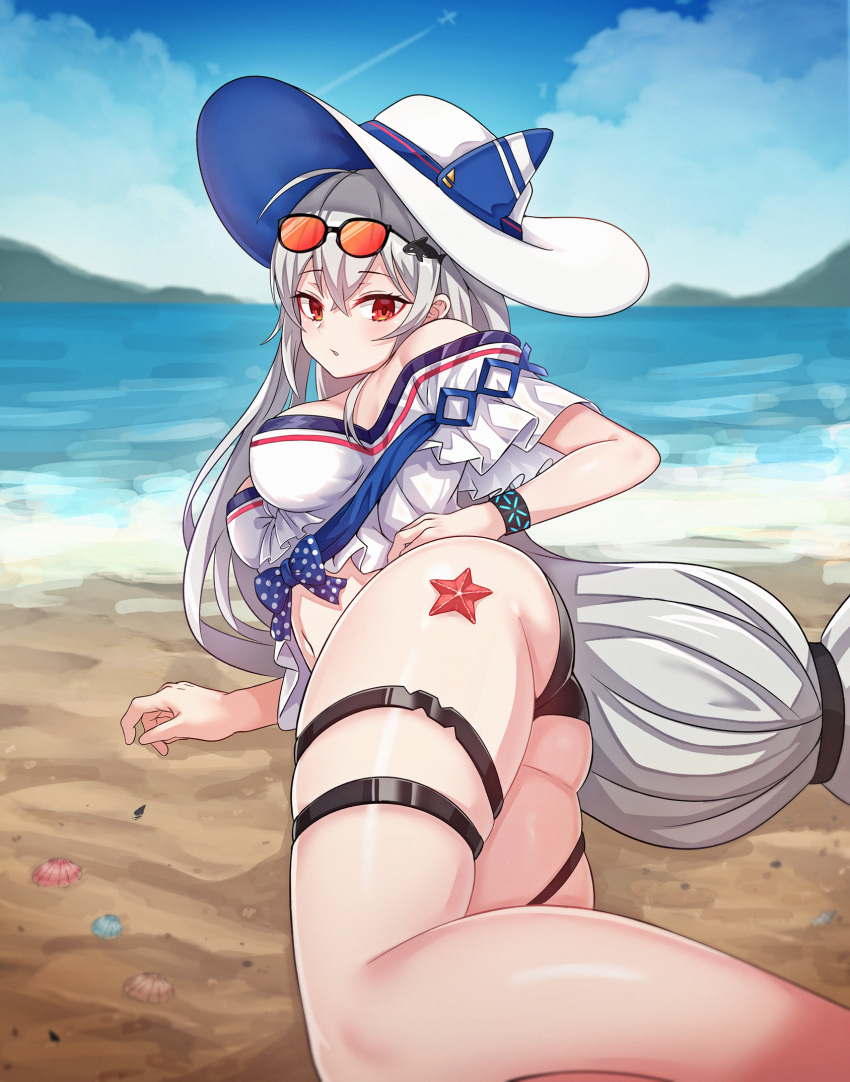 1girl arknights arm_support artist_name ass bangs bare_legs bare_shoulders beach blue_shorts commentary_request eyebrows_visible_through_hair feet_out_of_frame gomrang hair_between_eyes head_tilt highres korean_commentary long_hair looking_at_viewer low-tied_long_hair lying navel off-shoulder_shirt off_shoulder official_alternate_costume on_side outdoors red_eyes shell shirt short_shorts short_sleeves shorts silver_hair skadi_(arknights) skadi_(riding_waves)_(arknights) solo starfish stomach thighs very_long_hair white_headwear white_shirt