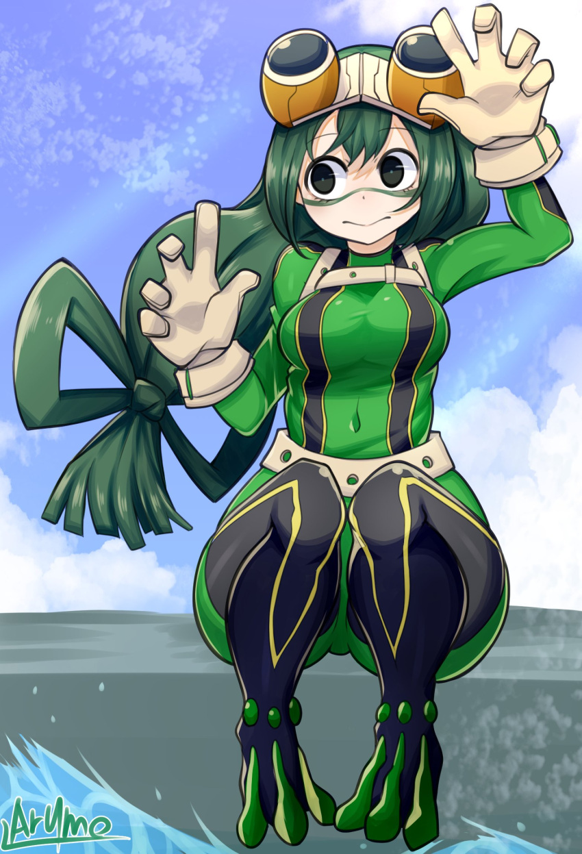 1girl arm_up artist_name asui_tsuyu bangs belt black_eyes black_footwear blue_sky bodysuit boku_no_hero_academia boots breasts closed_mouth clouds commentary covered_navel day eyebrows_visible_through_hair eyewear_on_head facepaint full_body gloves goggles green_bodysuit green_hair hand_up highres jpeg_artifacts knees_up long_hair looking_to_the_side low-tied_long_hair medium_breasts outdoors ryuusui_arumo shiny shiny_clothes shiny_hair signature sitting sky solo sunlight thigh-highs thigh_boots tied_hair water white_gloves