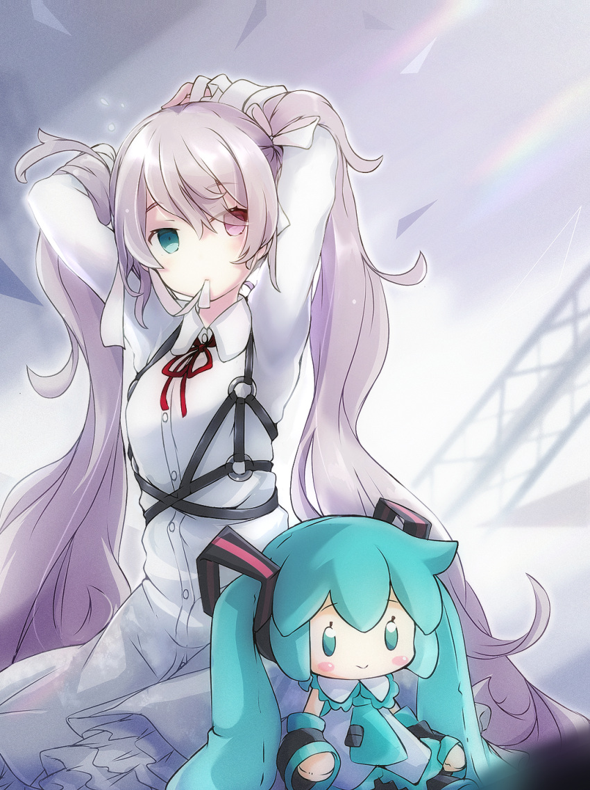 1girl adjusting_hair akino_coto arms_up bangs blush_stickers bow character_doll dress eyebrows_visible_through_hair eyes_visible_through_hair hair_bow hatsune_miku heterochromia highres looking_at_viewer project_sekai red_bow silver_hair solo twintails vocaloid white_bow
