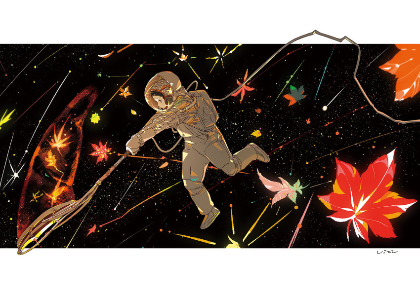 1girl astronaut autumn_leaves bangs blunt_bangs butterfly_net hand_net leaf maple_leaf original profile solo space_helmet spacesuit star_(sky) ukumo_uichi wide_shot