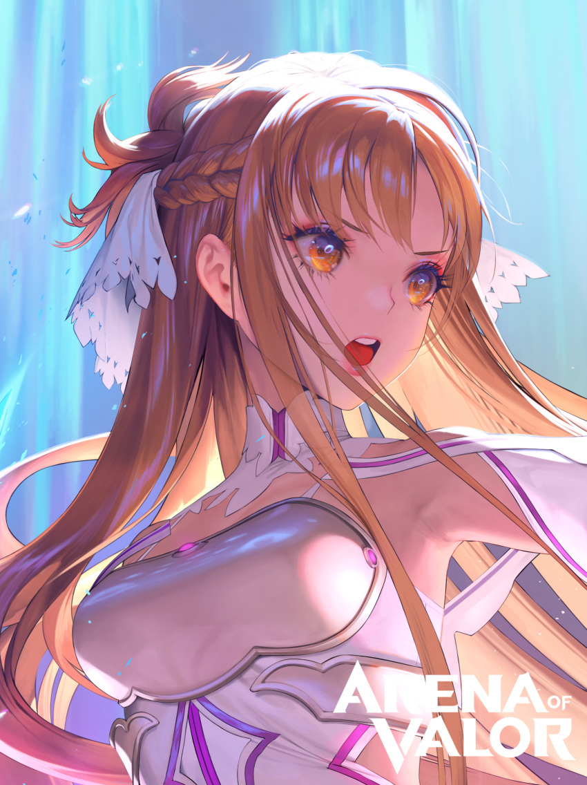 1girl absurdres arena_of_valor armor armpits asuna_(stacia) blue_background braid breastplate breasts brown_eyes brown_hair detached_collar floating_hair french_braid hair_ornament highres hyulla long_hair open_mouth shiny shiny_hair small_breasts solo sword_art_online sword_art_online:_alicization sword_art_online:_alicization_-_war_of_underworld upper_body very_long_hair