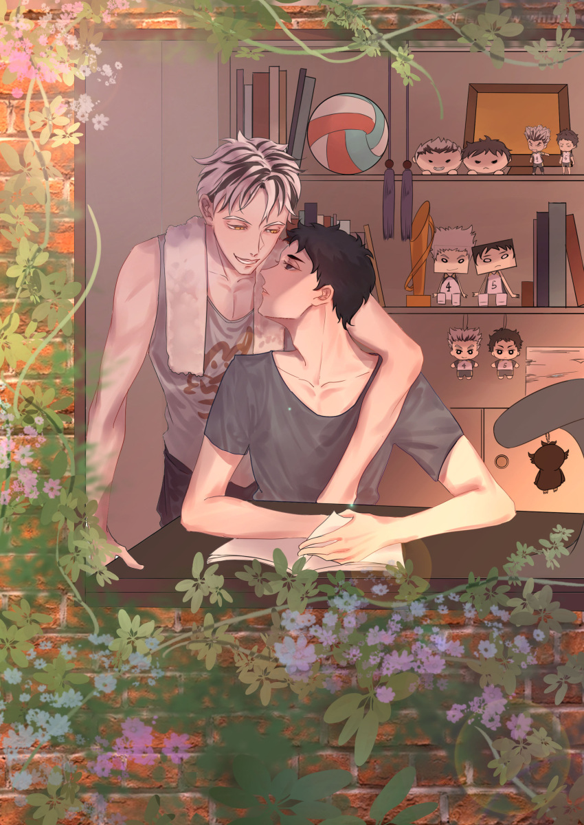 2boys absurdres akaashi_keiji arm_around_shoulder black_hair bokuto_koutarou book character_doll desk eye_contact flower grey_shirt haikyuu!! highres indoors jingruth lamp looking_at_another multicolored_hair multiple_boys open_book plant shelf shirt silver_hair streaked_hair towel_on_one_shoulder trophy vines volleyball watermark window yellow_eyes