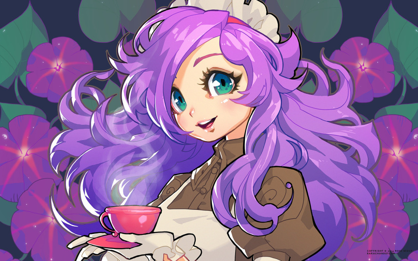 1girl artist_name barachan black_background blue_eyes blush brown_dress collared_dress commentary cup dated dress english_commentary floral_background flower gloves highres holding holding_plate kafra leaf long_hair looking_at_viewer maid maid_headdress open_mouth outline plate purple_flower purple_hair ragnarok_online solo steam teacup teeth tongue upper_body white_gloves