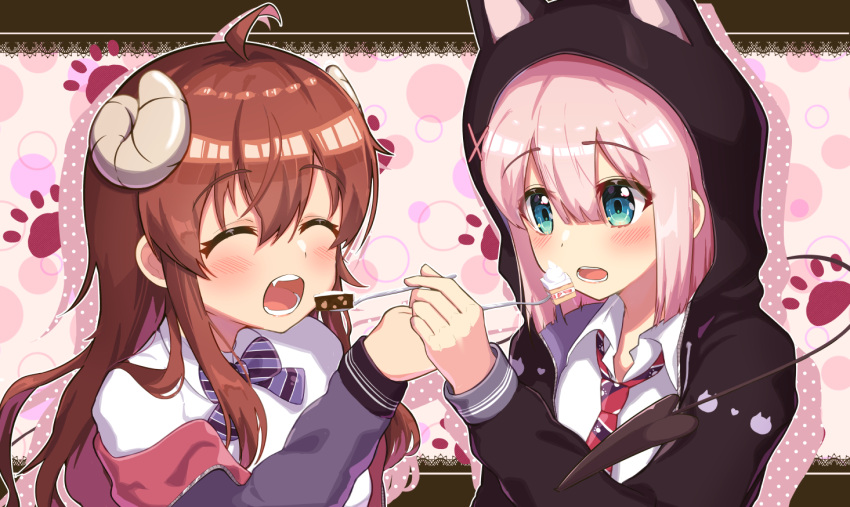 2girls ahoge animal_hood blue_eyes blush bow bowtie brown_hair cake cake_slice chiyoda_momo closed_eyes commentary demon_girl demon_horns demon_tail fang feeding food fork hood horns long_hair looking_at_another machikado_mazoku multiple_girls mutual_feeding necktie open_mouth paw_print pink_hair shirt short_hair simple_background suzushi_moruto tail tail_wrap teeth track_suit white_shirt yoshida_yuuko_(machikado_mazoku) yuri