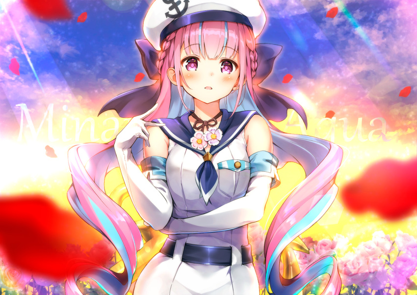 1girl anchor_symbol belt beret black_belt blue_bow blue_hair blue_sailor_collar blush bow braid breasts character_name commentary_request dress elbow_gloves field flower flower_field gloves hair_bow hand_up hat hololive long_hair looking_at_viewer medium_breasts minato_aqua multicolored_hair outdoors parted_lips pilokey pink_flower pink_hair pink_rose purple_flower rose sailor_collar sailor_dress sleeveless sleeveless_dress solo sunset twintails two-tone_hair very_long_hair violet_eyes white_dress white_gloves white_headwear