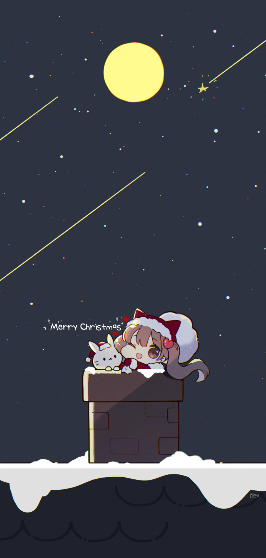 1girl ;d animal animal_hat brown_eyes brown_hair chimney christmas danby_merong full_moon fur-trimmed_headwear fur-trimmed_sleeves fur_trim hair_ornament hat heart heart_hair_ornament highres long_hair long_sleeves looking_at_viewer merry_christmas mittens moon night night_sky one_eye_closed open_mouth original outdoors rabbit red_headwear red_mittens rooftop sack santa_hat sky smile snow solo star_(sky) star_(symbol) starry_sky twintails winter