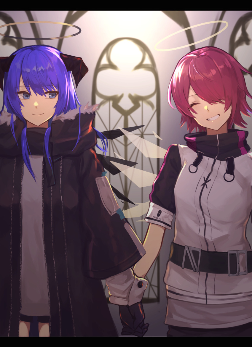 2girls absurdres arknights bangs black_coat black_gloves black_horns black_wings blue_eyes blue_hair closed_eyes closed_mouth coat demon_horns energy_wings exusiai_(arknights) eyebrows_visible_through_hair facing_viewer gloves grin hair_between_eyes hair_over_one_eye halo head_tilt highres holding_hands horns interlocked_fingers letterboxed long_hair looking_at_another mostima_(arknights) multiple_girls open_clothes open_coat penguin_logistics_logo redhead short_hair short_sleeves side-by-side smile uina wings